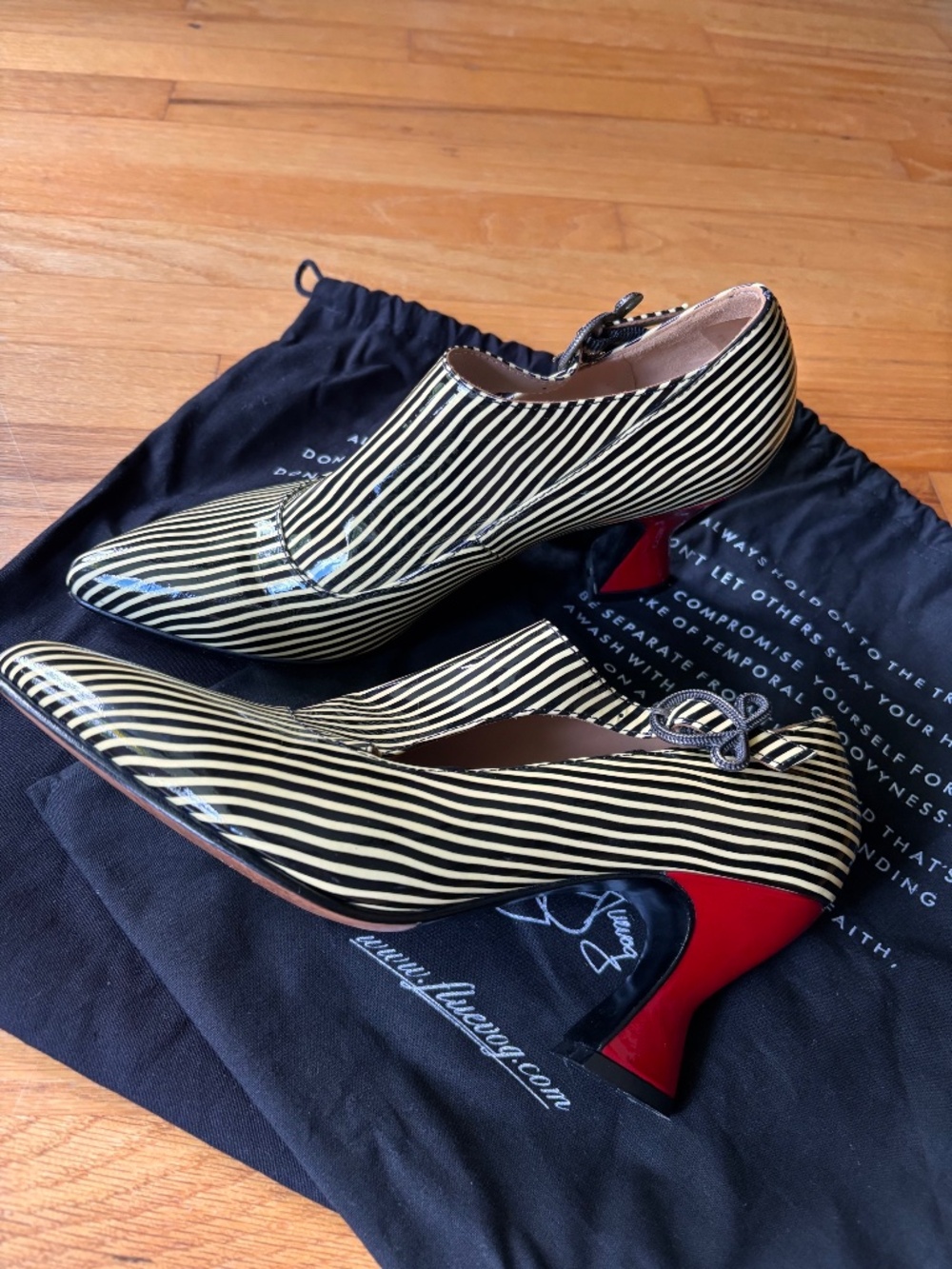 John Fluevog Black/White Striped with Red Heels, Size 8